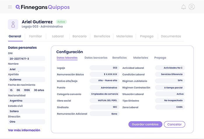 Captura de pantalla del módulo de Legajos en Quippos