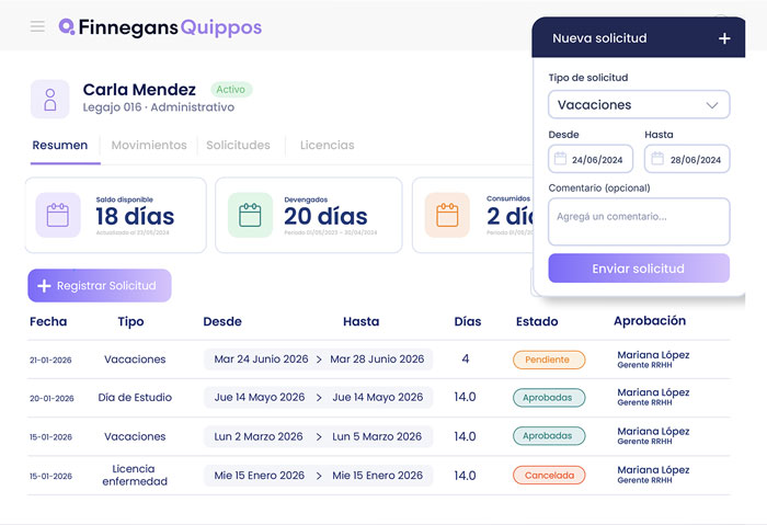Captura de pantalla del módulo de Vacaciones en Quippos