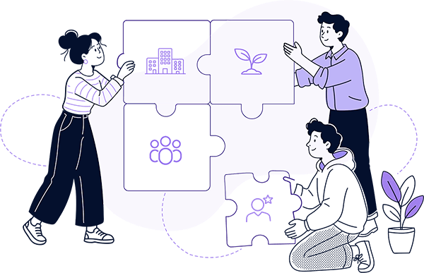 Ilustración de un equipo armando piezas de un rompecabezas que representan organización, crecimiento y colaboración